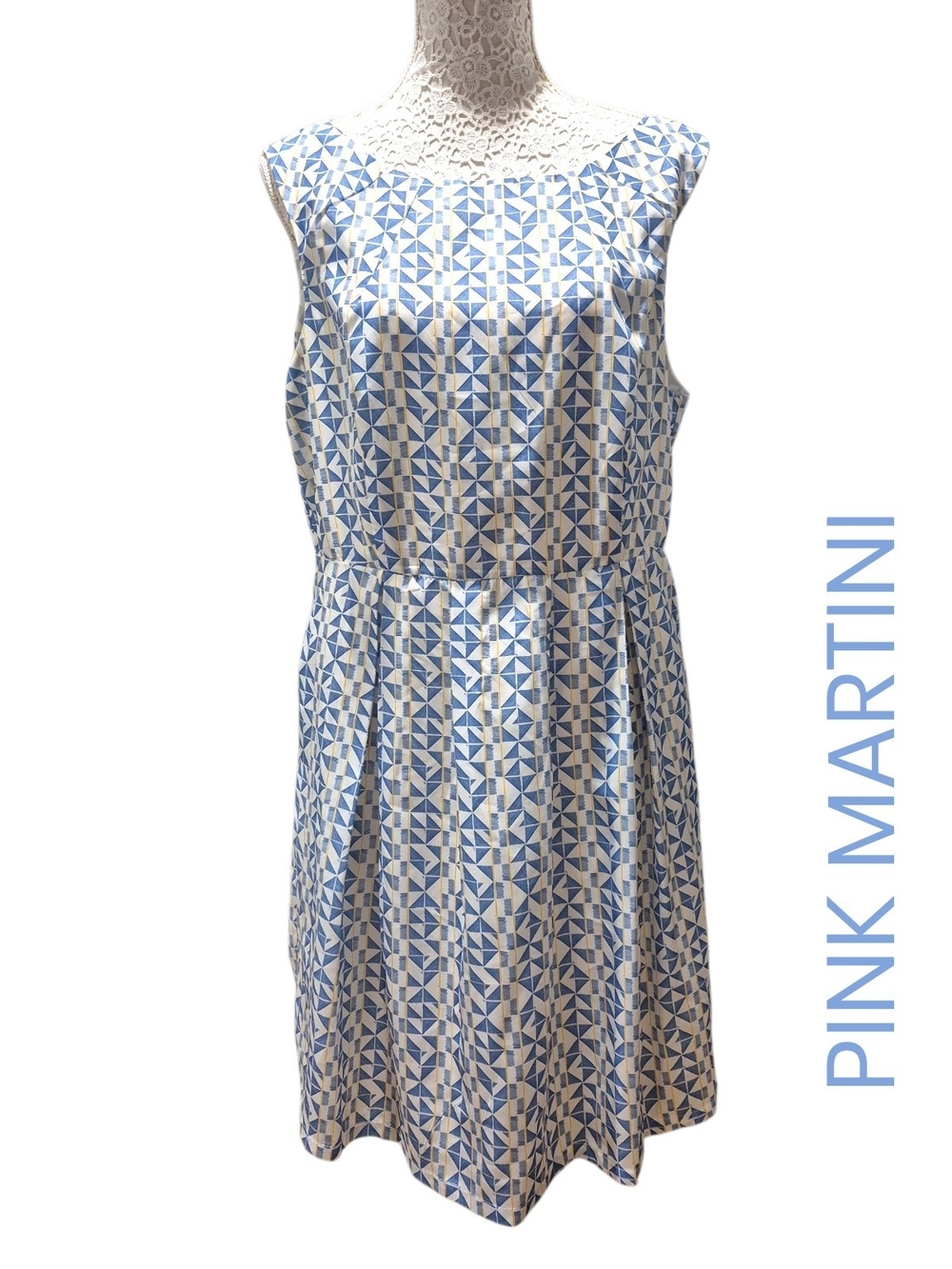 Pink Martini Collection Geometric Fit-and-Flare Olivia Dress in blue & white XL